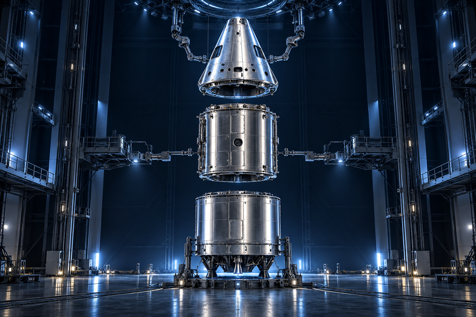 Spacecraft modules in an assembly hangar
