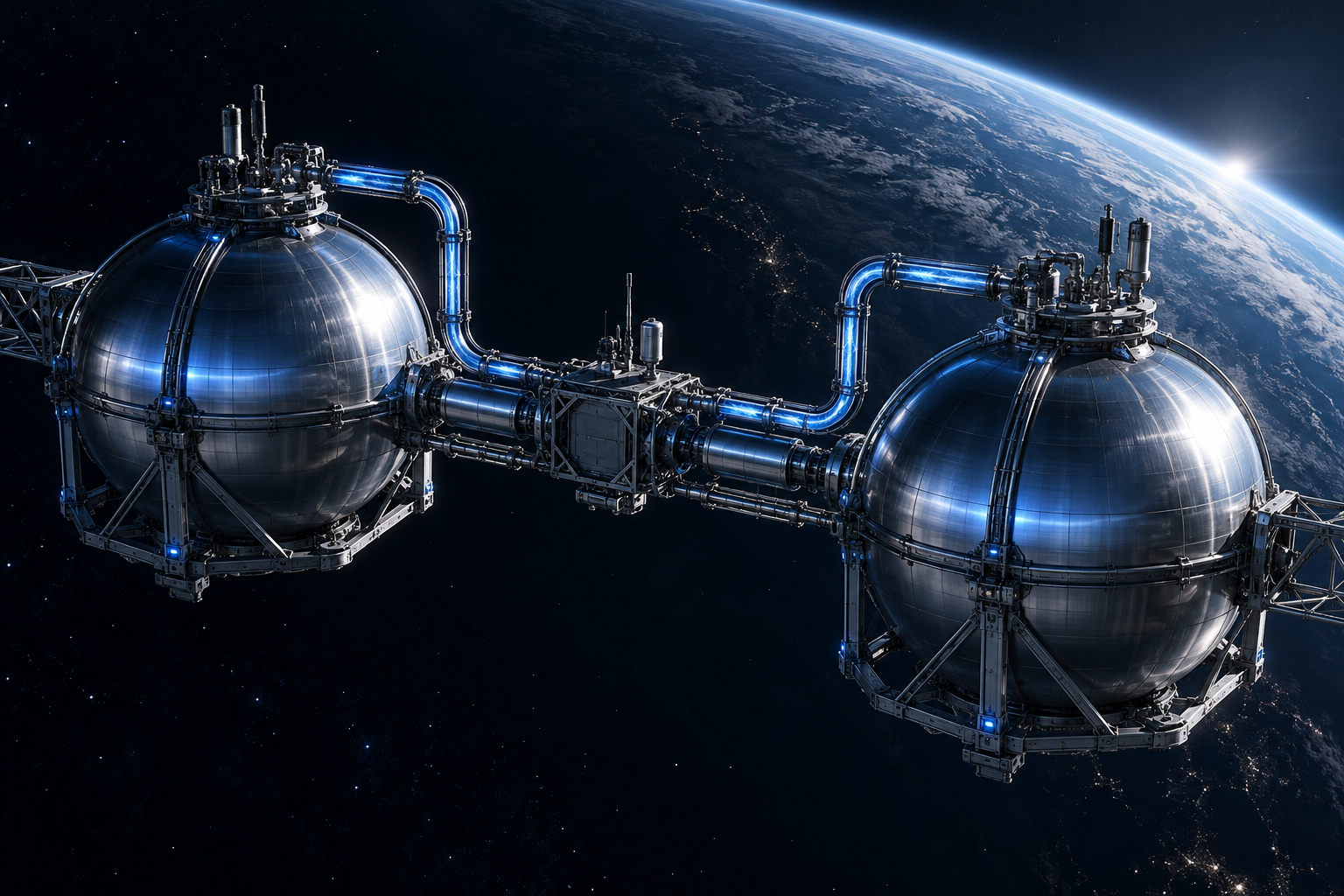 Connected orbital propellant vessels