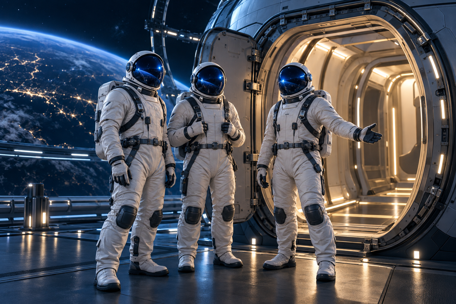 A crew beside an open boarding hatch